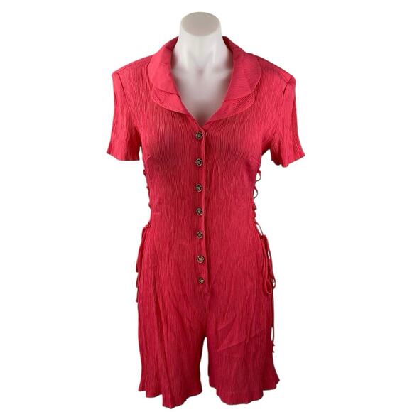Scarlett International Red Short Sleeve Button Down Lace Up Jumpsuit Romper 9/10 - Picture 1 of 4